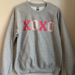 Gray Crew Neck Valentine Sweater with Pink and Red XOXO Design